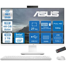 Asus V470VAK Intel Core I7-13620H 48GB Ddr5 2tb SSD 27'' Fhd 100Hz 300NITS Freedos  Beyaz Allınone Bilgisayar ABI716512W0DF24+ZETTAUSBBELLEK