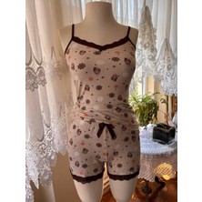 Ince Askılı Şortlu Pamuklu Pijama Takımı Dantel Detaylı