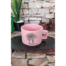Kalp Yapraklı Hayat Ağacı ve Kuş Baskılı Romantik Hediyelik Kare Kulplu Fincan Pembe Kupa Bardak