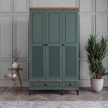 Monzio Panjur 3 Kapaklı Çekmeceli Gardırop Tamamı MDF (Yeşil)