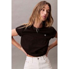 Kadın Regular Fit Bisiklet Yaka Monogram Nakışlı T-Shirt - Siyah