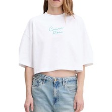 Kadın Cropped Boxy Fit Zincir Dikiş Logolu T-Shirt - Beyaz