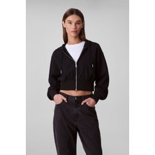 Kadın Kapüşonlu Fermuarlı Punto Milano Sweatshirt - Siyah