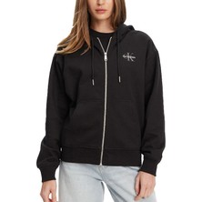 Kadın Boyfriend Fit Kapüşonlu Fermuarlı Sweatshirt - Siyah