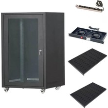 Setrack 19'' 16U 600X600 Camlı Tekerlekli Rack Kabinet+Fan+2 Adet Sabit Raf+Priz