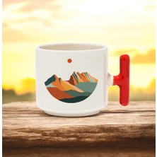 Dağ Temalı Tasarımlı Kırmızı T Kulplu Seramik Baskılı Kupa Bardak 250 ml