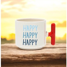 Happy Happy Tasarımlı Kırmızı T Kulplu Seramik Baskılı Kupa Bardak 250 ml