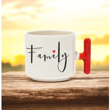 Family Tasarımlı Kırmızı T Kulplu Seramik Baskılı Kupa Bardak 250 ml