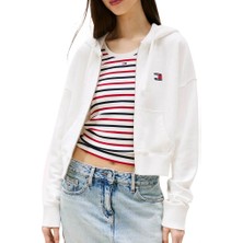 Kadın Boxy Fit Kapüşonlu Fermuarlı Cropped Sweatshirt - Ekru