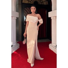 Atlas Organze Kumaş Kayık Yaka Abiye Elbise - Bej