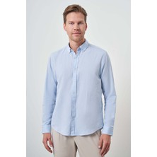  Erkek A. Mavi Keten Trend Dynamic Fit Düğmeli Yaka Gömlek
