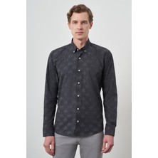  Erkek Siyah Slim Fit Düğmeli Yaka Gömlek