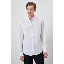  Erkek Beyaz Keten Trend Dynamic Fit Düğmeli Yaka Gömlek