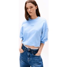 Kadın Crop Script Logolu Sweatshirt - Mavi