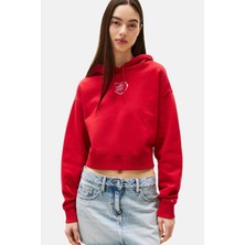 Kadın Relaxed Fit Sırtı Kalp Baskılı Cropped Sweatshirt - Kırmızı