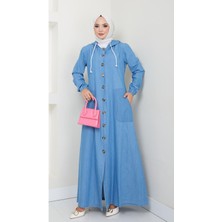 Kadın Düğmeli Kapüşonlu Kot Ferace