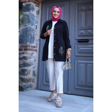 Kadın Boncuk Detaylı Denim Kot Ceket