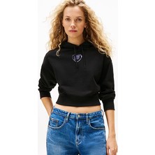 Kadın Relaxed Fit Sırtı Kalp Baskılı Cropped Sweatshirt - Siyah