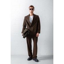 Erkek Kruvaze Düğmeli Oversize Takım Elbise Kahverengi