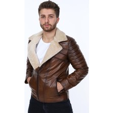 Deri Work Hakiki Deri Kahverengi Ronny Kürklü Erkek Deri Ceket