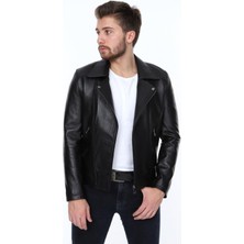 Hakiki Deri Siyah  Fermuarlı Erkek Deri Ceket