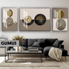 Harikabirev|gri&gold Set Şık Geometrik Bohem Kombin |çerçeveli Temperli Cam Tablo 3lü Yatay