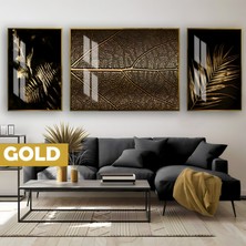 Harikabirev|siyah&gold Set Macro Yaprak Modeli |çerçeveli Temperli Cam Tablo 3lü Yatay