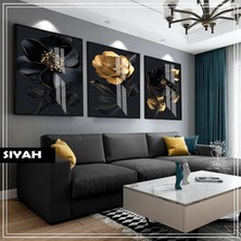 Harikabirev|siyah&gold Set Macro Manolya Kombini|çerçeveli Cam Tablo 3lü Dikey