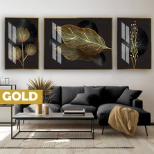 Harikabirev|siyah&gold Set Bitkiler Kombin Modeli|çerçeveli Temperli Cam Tablo 3lü Yatay