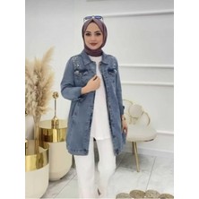Harman Butik Kadın Taşlı Kot Ceket Mavi Dokuma Kumaş Normal Kalıp Günlük Tarz Cepli
