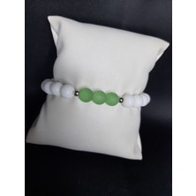 Mryart Beyaz Akik & Kar tanesi Yeşim Taşı Doğal Taş Unisex Elastik Bileklik (8 mm)