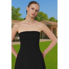 Şık A Kesim Straplez Midi Elbise Finike Dokuma Polyester Elastan Konforlu Kesim Rahat ve Şık