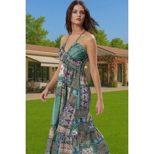 Kadın Bisiklet Yaka Etnik Desenli Pamuk Vual Maxi Elbise Dayanıklı Malzeme Özel Tasarım