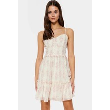 Astarlı Şifon Mini Elbise Yazlık Kalp Yaka Çiçek Desenli Dokuma Kumaş Premium Kalite