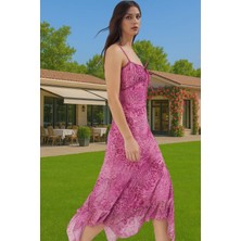 Midi Boy A Kesim Çiçek Desenli Polyester Elastan Elbise Profesyonel Görünüm Seçkin Malzeme