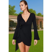 Plaj Elbisesi Kadın Mini V Yaka Bağlamalı Krep Dokuma Yazlık Modern Stil Modern Stil Özel Tasarım