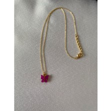 Pembe Parlak Kelebek Figürlü Kolye Altın Renk