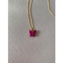 Pembe Parlak Kelebek Figürlü Kolye Altın Renk