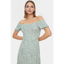 Rahat Örme Midi Elbise 93%polyester 7%elastan Carmen Yaka Puantiyeli Konforlu Kesim