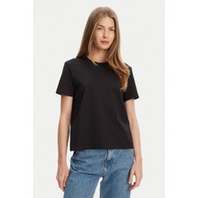 Kadın Regular Fit Bisiklet Yaka Minimalist Logolu T-Shirt - Siyah