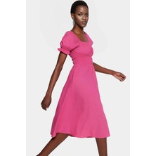 Midi Boy Kadın Terrycotton Skater Elbise Kare Yaka Kısa Kollu Rahat Kesim Yüksek Kalite