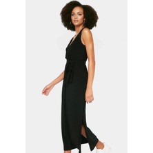 Esnek Örme Kumaştan Midi Elbise A Line Kalıp V Yaka Kuşak Detayı Rahat Kullanım Premium Kalite