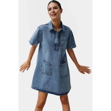 Pamuk Denim Gömlek Elbise Mini Boy Günlük Stil Rahat Kesim Trend Tasarım Konforlu