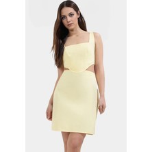 A Line Gabardin Mini Elbise Kolsuz Kare Yaka Cut Out Detay Pamuk Rahat Kullanım