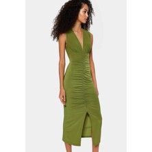 Midi Boy V Yaka Büzgü Detaylı Elbise Esnek Örme Kumaş Bodycon Kalıp 120 cm Uzunluk Premium Kalite