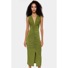 Midi Boy V Yaka Büzgü Detaylı Elbise Esnek Örme Kumaş Bodycon Kalıp 120 cm Uzunluk Premium Kalite
