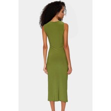 Midi Boy V Yaka Büzgü Detaylı Elbise Esnek Örme Kumaş Bodycon Kalıp 120 cm Uzunluk Premium Kalite