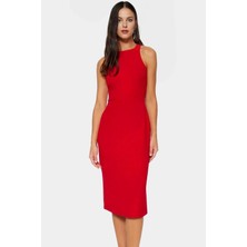 Dokuma Midi Elbise Vücudu Saran Halter Yaka Finike Kemersiz Tasarım Kaliteli Işçilik