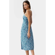 Viskoz Dokuma Çiçekli A Kesim Midi Elbise Profesyonel Görünüm Konforlu Şık