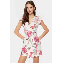 Viskoz Poliamid Karışım Mini Ceket Elbise Çiçek Desenli V Yaka Yazlık Trend Tasarım Kaliteli Işçilik